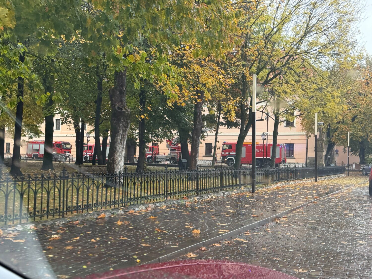 Kilka zastęp&oacute;w straży pożarnej przy Zamku Kr&oacute;lewskim w Niepołomicach